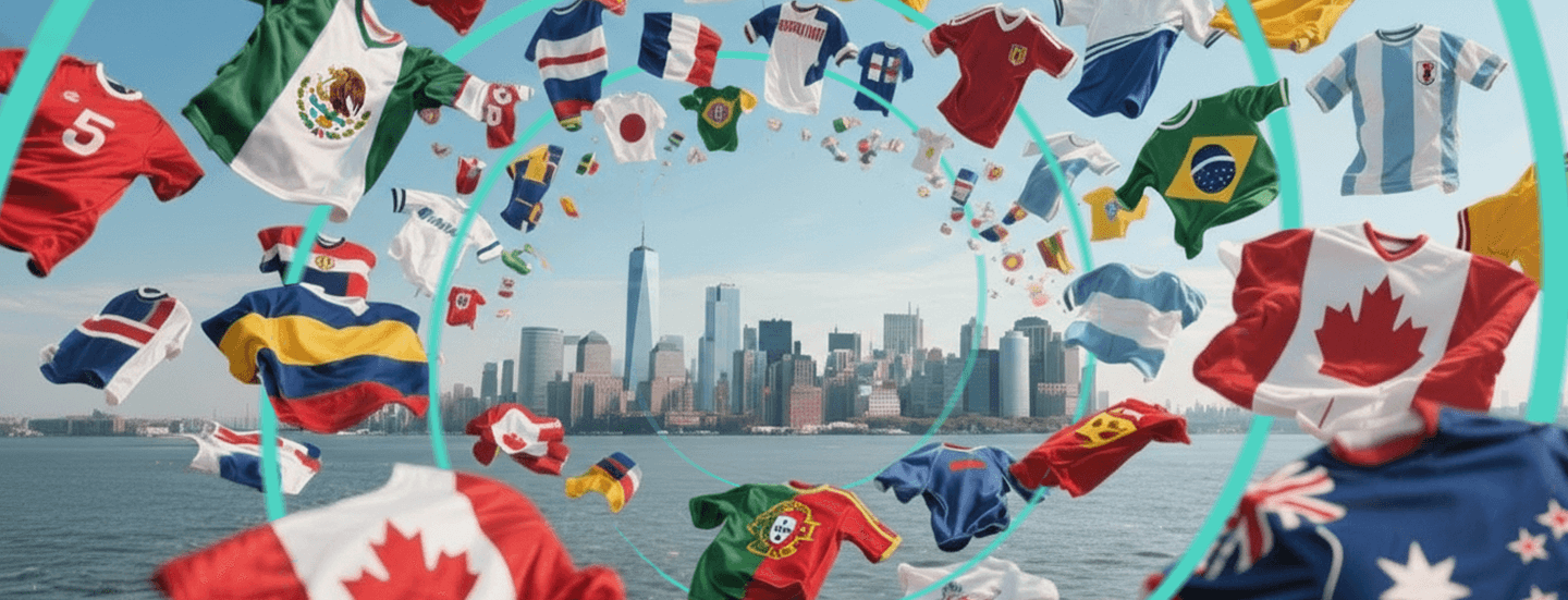 Jerseys representing each nation's flag, flying in a circle over the ocean towards a city